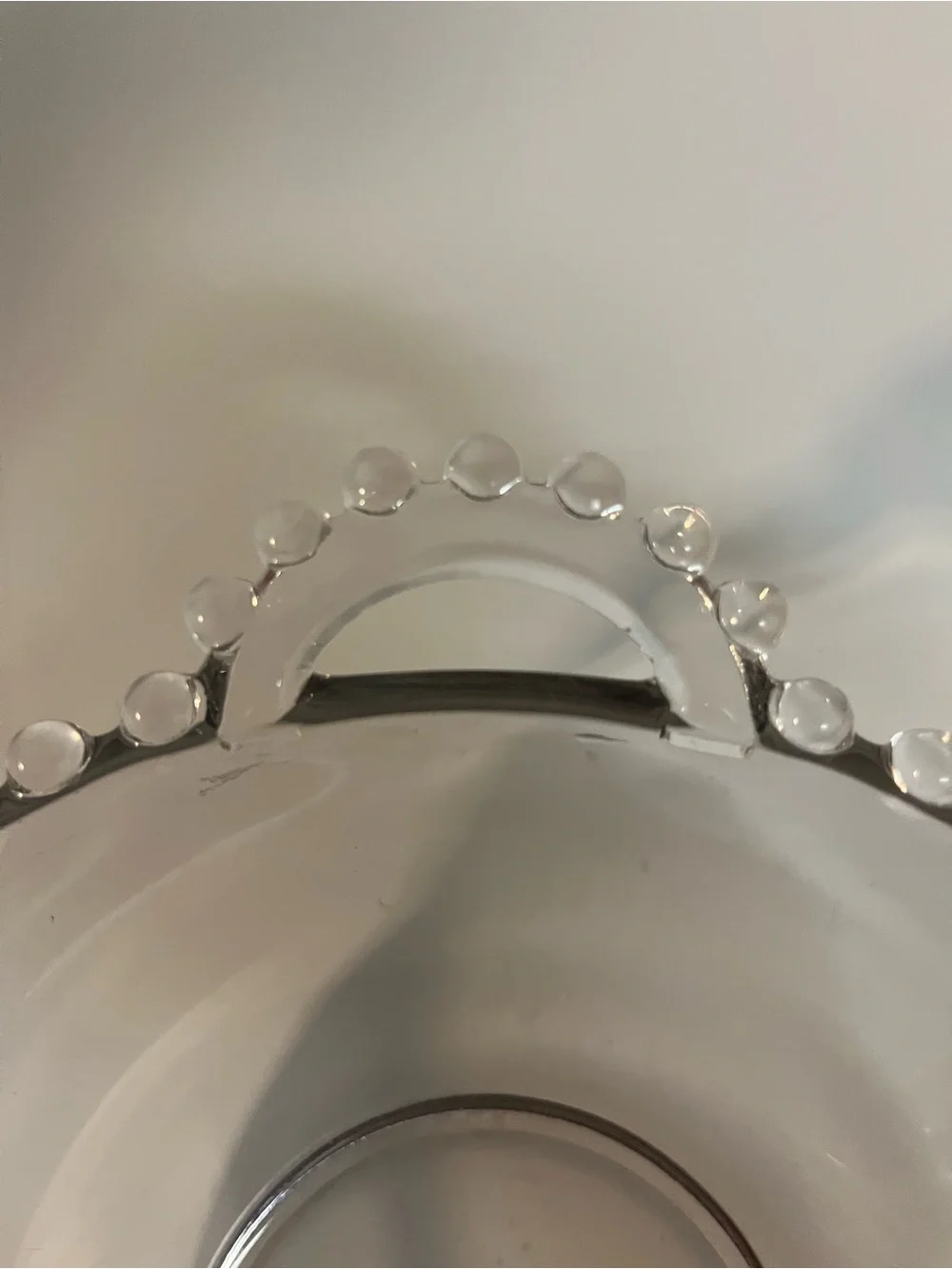 Vintage Clear Glass Beaded Rim Handled Serving Bowl Candlewick Style 10” MCM